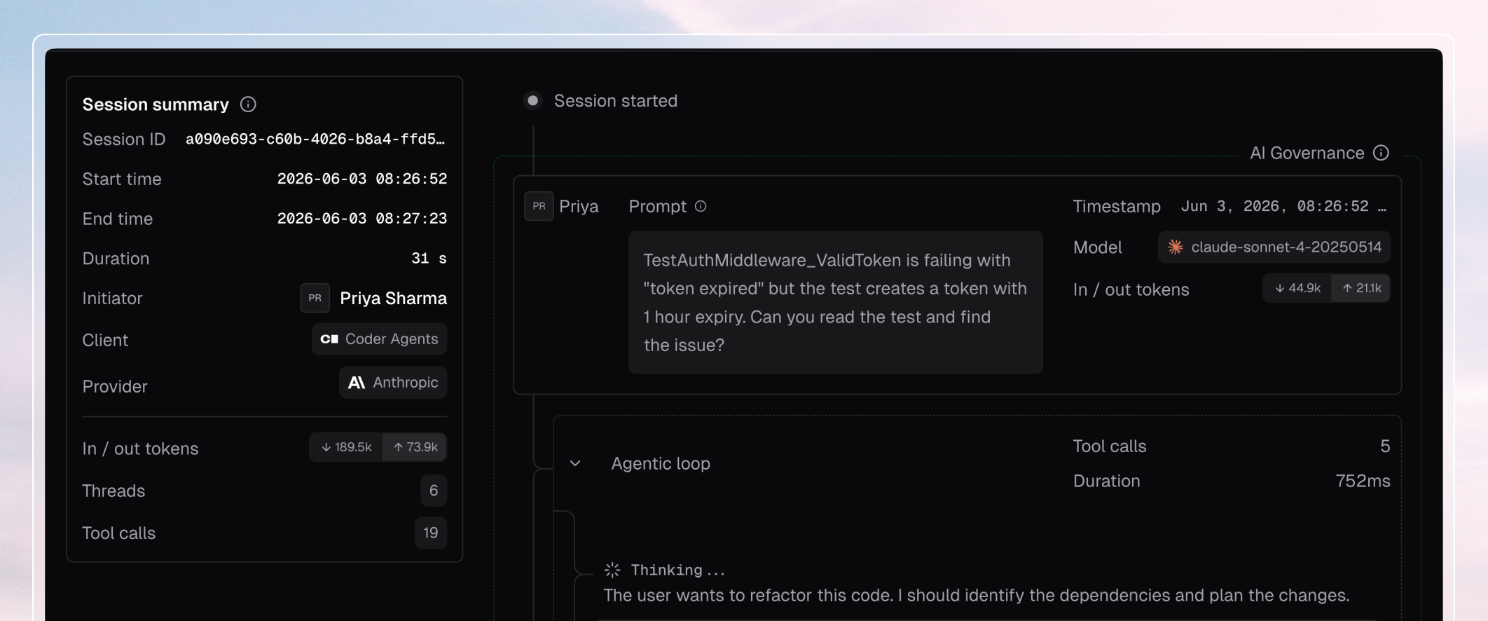 Coder Agents session summary with AI governance