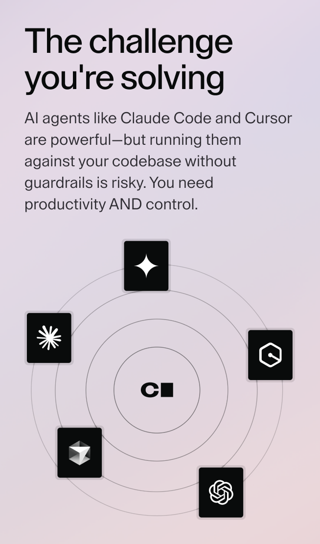 The challenge you're solving: AI agents like Claude Code and Cursor are powerful—but running them against your codebase without guardrails is risky. You need productivity AND control.