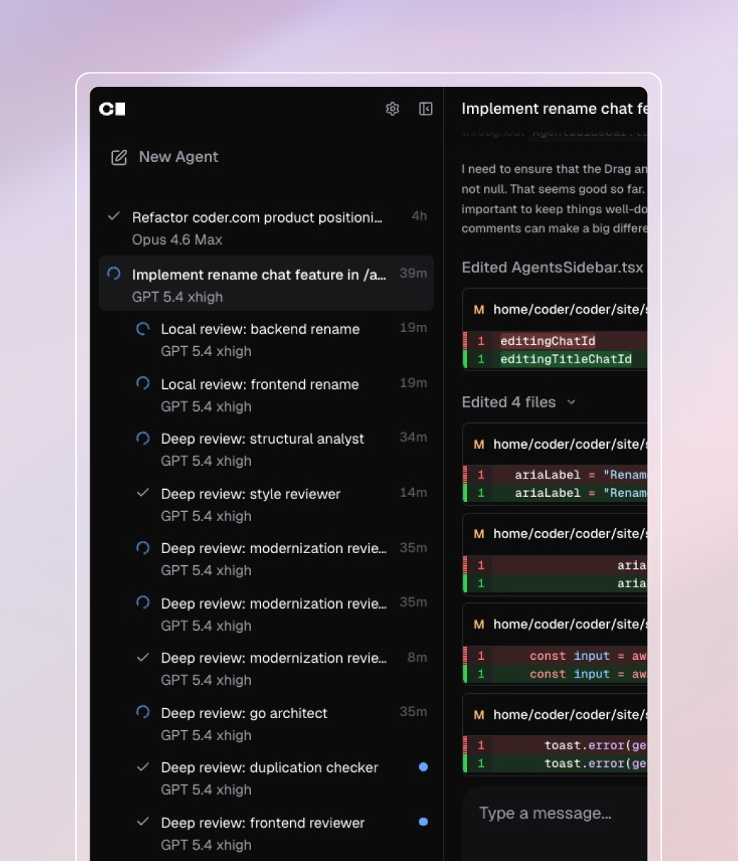 Coder Agents UI showing 2 agents' logs. One agent, using Opus 4.6 Max, is done with a task labeled "Refactor coder.com product positioini...". The selected agent, tasked with "Implement rename chat feature in /a...", has work in progress. Subtasks in the selected agent include local and deep review of both backend and frontend code.