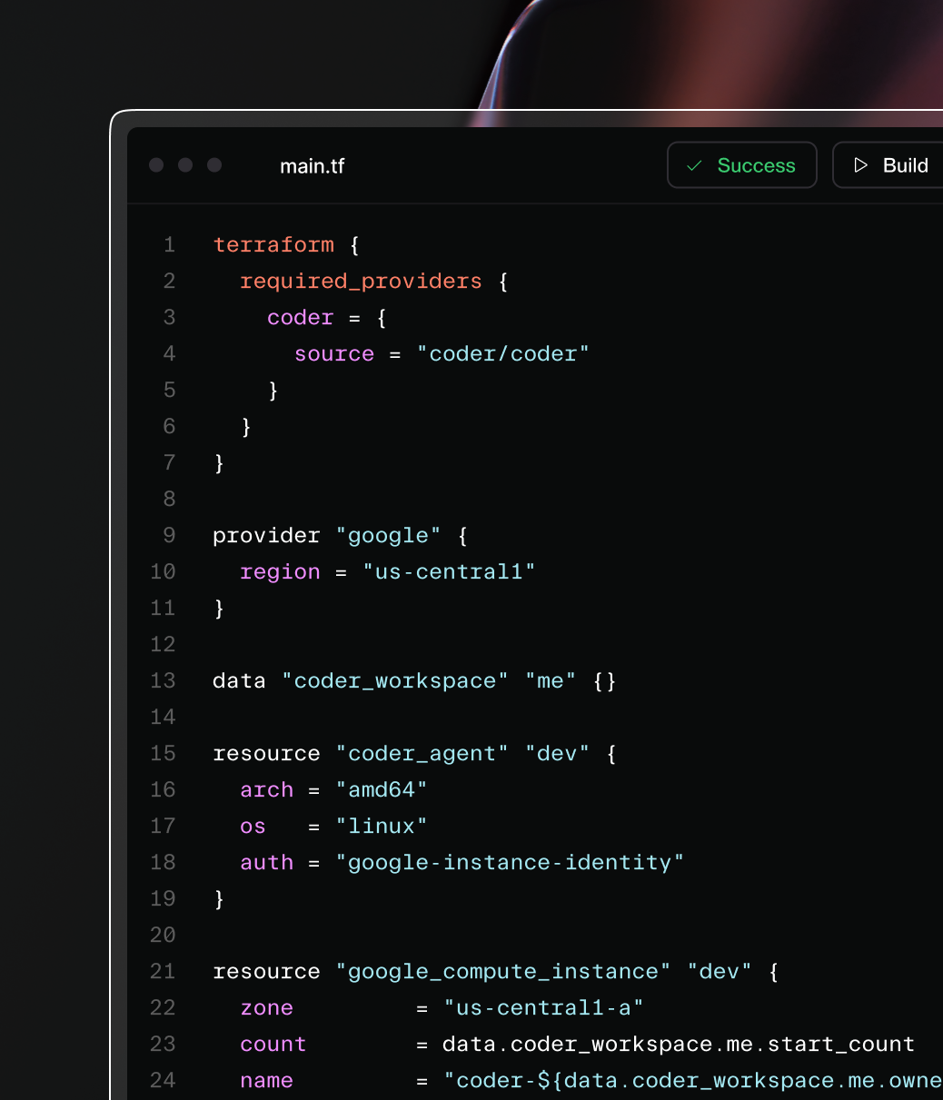 Terraform template configuring resources such as coder_agent and google_compute_instance