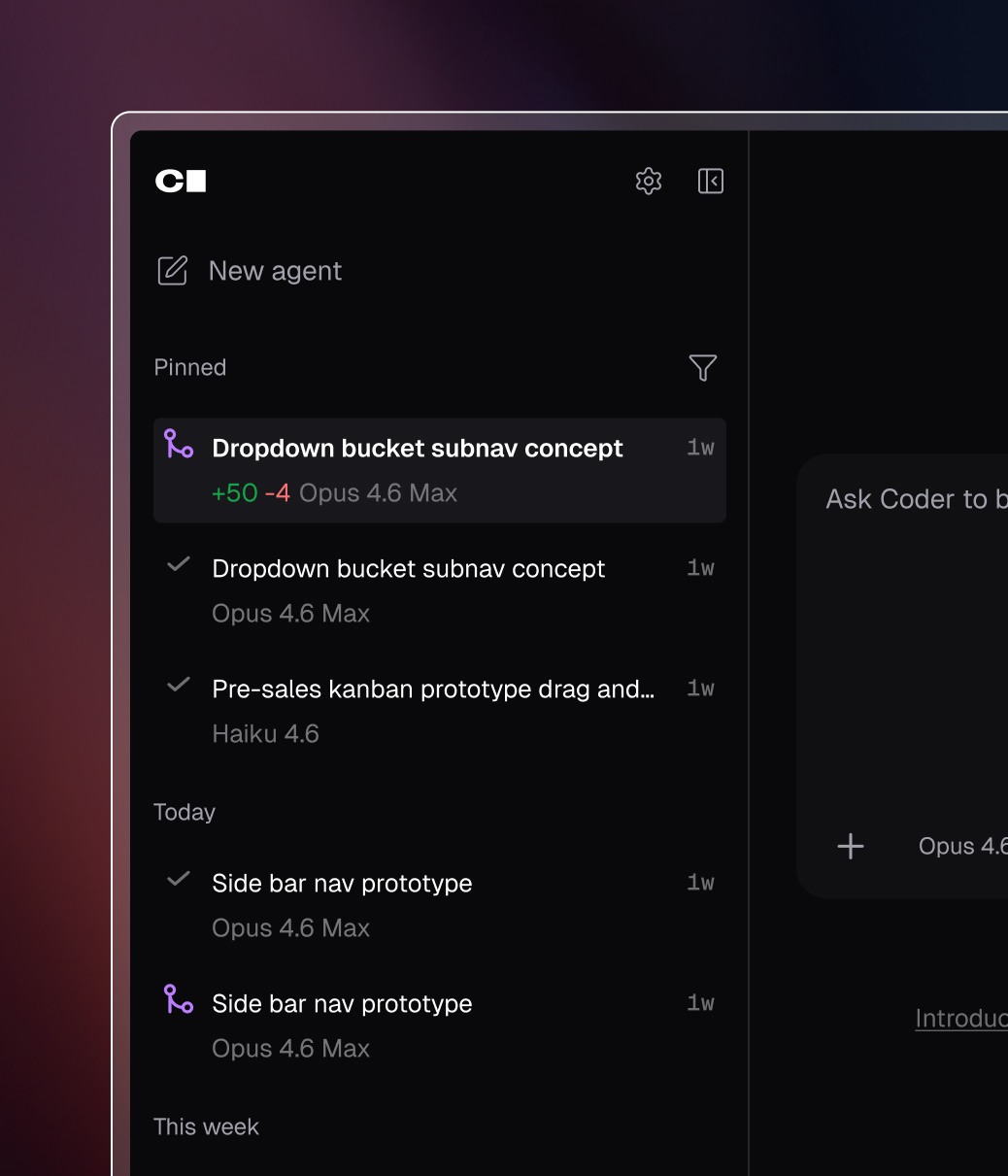 Coder Agents UI listing 5 different chats, including both Opus 4.6 Max and Haiku 4.6 models.